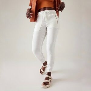 Athleta Cabo Linen Jogger Calla Lily White Pants Drawstring Pockets Size 6